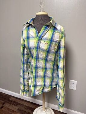 Y2k Hollister Men's Yellow Blue Plaid Button-Down Shirt